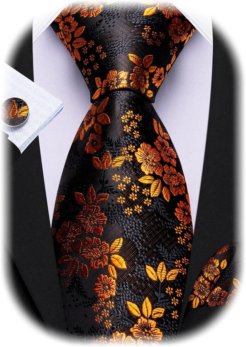 Barry.Wang Store Flower Ties for Men Handkerchief Cufflinks Set Wedding Necktie Set Party - Image 1